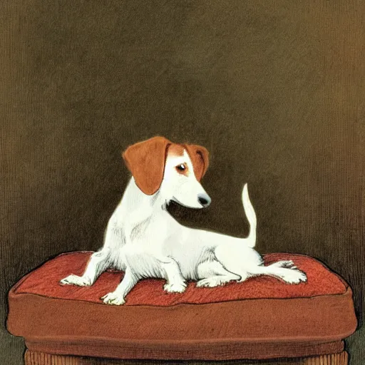 Prompt: portrait of jack russel terrier crying on the dog bed, illustrated by peggy fortnum and beatrix potter and sir john tenniel