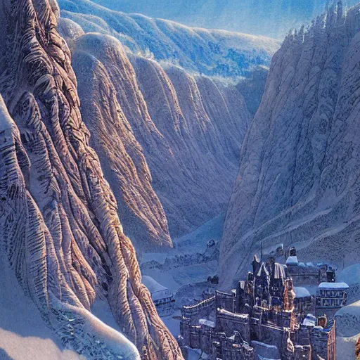 Image similar to An aerial view of a narrow valley in winter, with a tall castle guarding one end, fantasy style, art by Moebius, art by James Gurney, hyper detailed, high quality