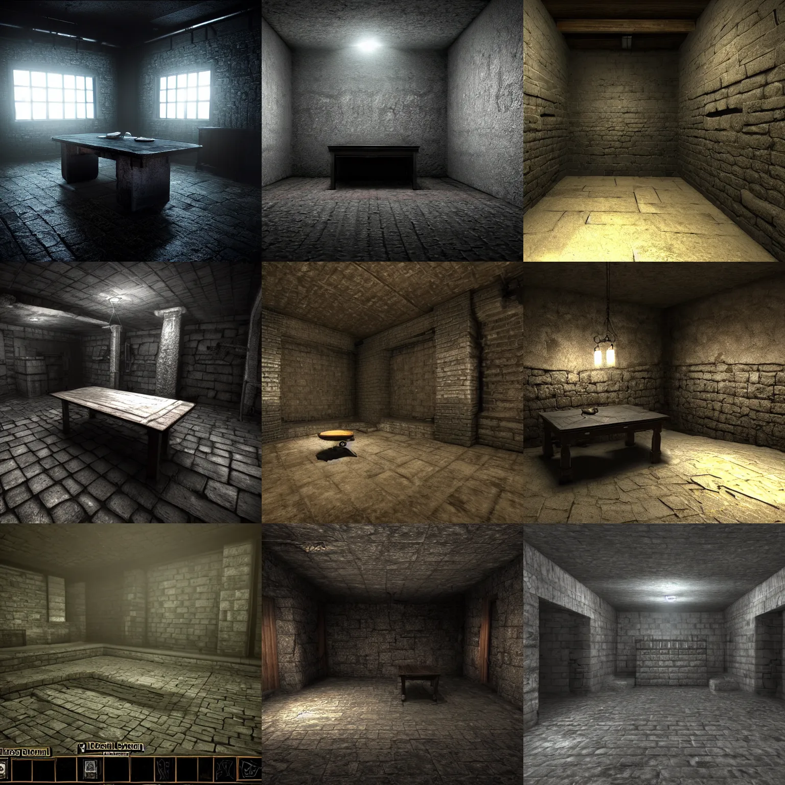 Prompt: dark gloomy dungeon room with table, low visibility, low brightness, gray stone, oppressive, midnight, unreal engine