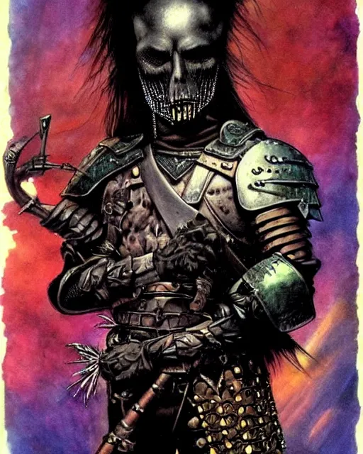 Prompt: portrait of a skinny punk goth wilford brimley wearing armor by simon bisley, john blance, frank frazetta, fantasy, thief warrior, colorful flowers floral