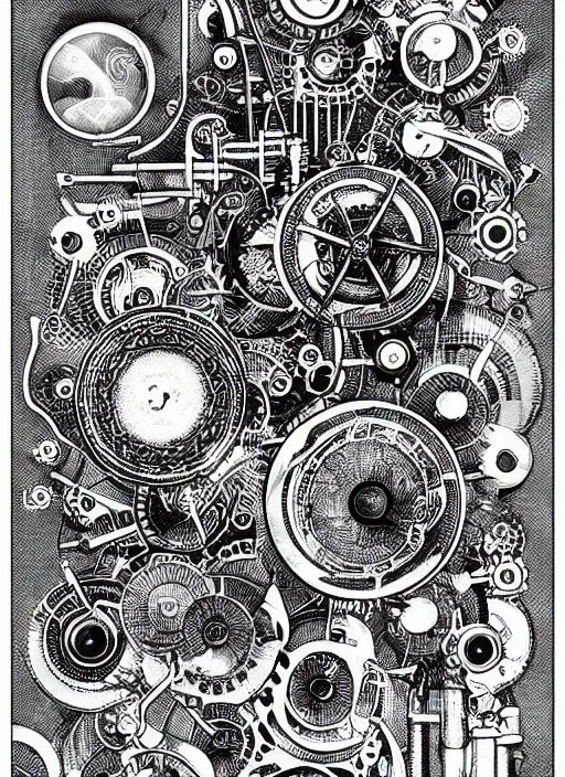 Image similar to black and white boho scientific illustration of mysterious and arcane mechanical items. by skullfungus, composition, fine lines, very high details