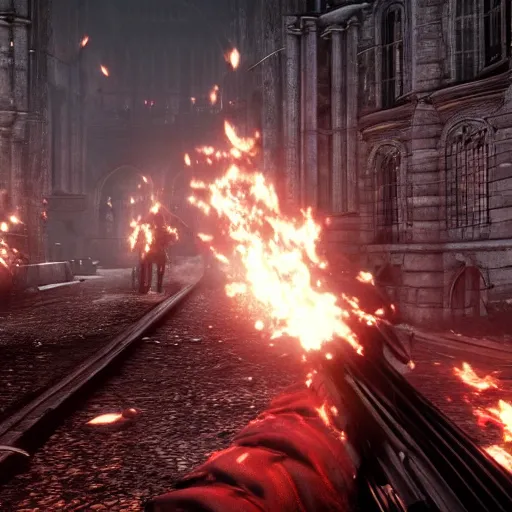 Image similar to looking down rifle in first person shooter bloodborne, background out of focus, flames, dark