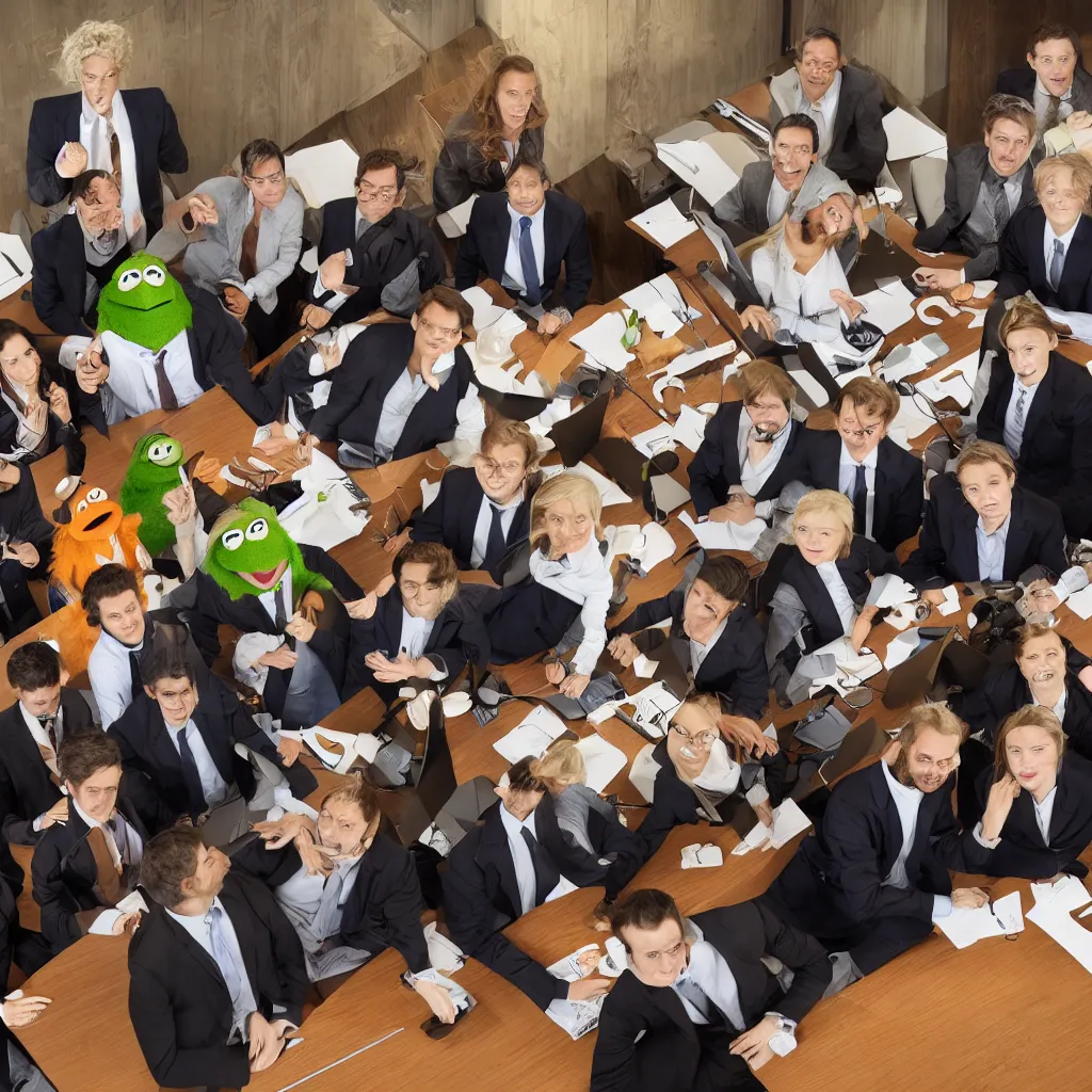 Prompt: stock photo of muppets in suits at a conference table, wide shot