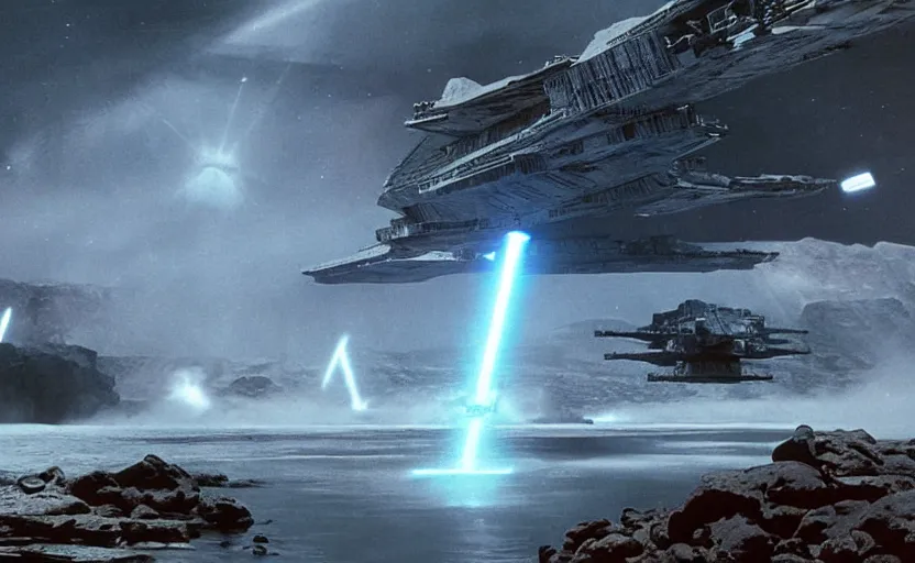 Image similar to iconic cinematic screenshot of star destroyer landing on waterfall canyon planet, from the action - packed scene from the 8 0 s star wars sci fi film by stanley kubrick, glowing, kodak film stock, 4 k, crisp, hyper detailed, photo real, anamorphic lenses 2 4 mm, lens flare,, award winning