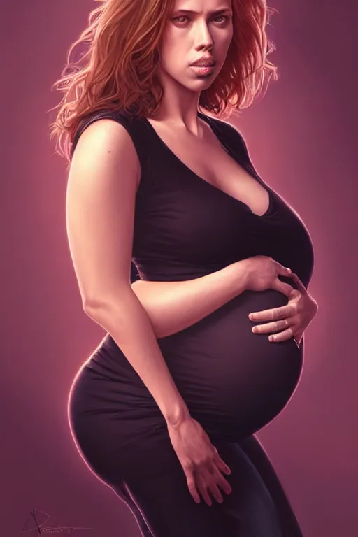 Prompt: pregnant scarlet johansson in a black shirt and jeans, realistic portrait, symmetrical, highly detailed, digital painting, artstation, concept art, smooth, sharp focus, illustration, cinematic lighting, art by artgerm and greg rutkowski and alphonse mucha
