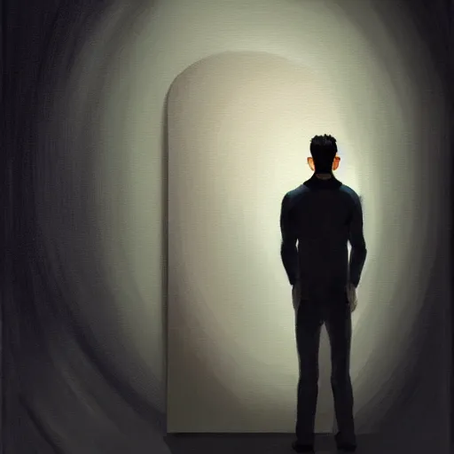 Prompt: a painting of a man standing in front of a mirror in a dark void ambient, a gouache by nathan oliveira, cgsociety, figurativism, dark surreal art, digital illustration, artstation