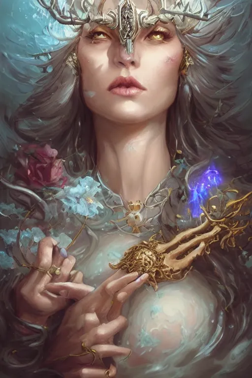 Image similar to face closeup beautiful girl necromancer covered with sculls and ice, wizard of the coast holding flowers and casting magic spell, angel, storm and thunder clouds, fantasy, magic the gathering, hyper detailed, 3 d render, hyper realistic detailed portrait, peter mohrbacher