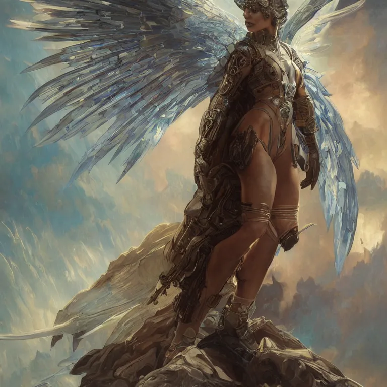 Image similar to scifi character portrait Painting of a stunning attractive heroine as a futuristic archangel character, dystopian mood, intricate, wild, highly detailed, digital painting, artstation, concept art, smooth, sharp focus, illustration, art by artgerm and greg rutkowski, and alphonse mucha