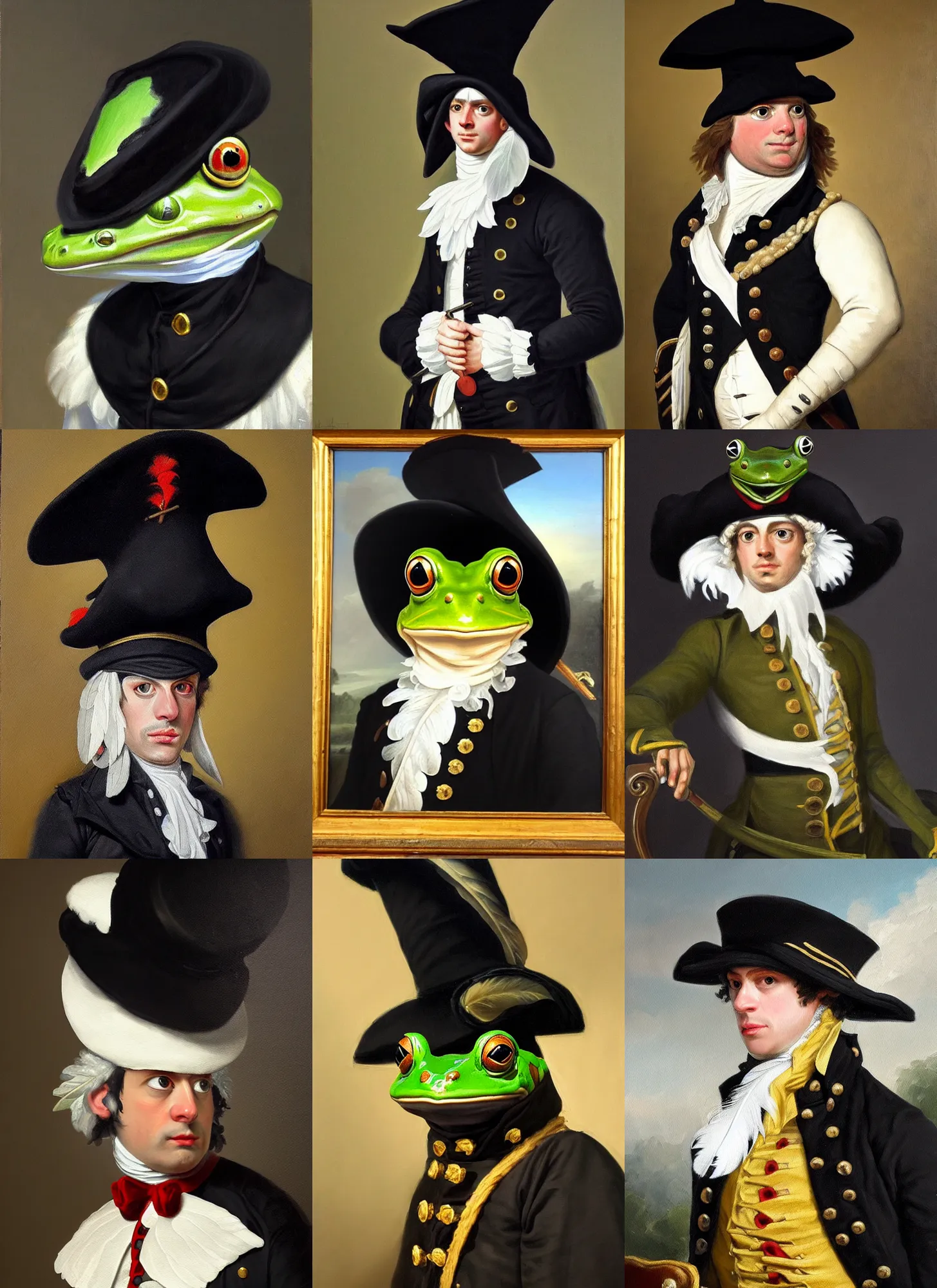 Prompt: a painting of a frog wearing a black tricorn hat with a white feather and 1 8 th century naval uniform, artstation, classical realism, detailed painting, oil on canvas