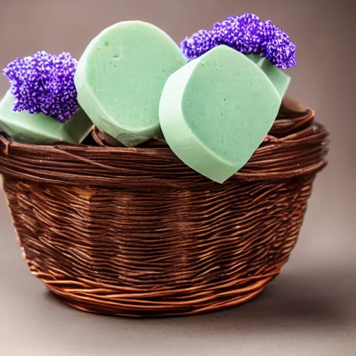 Prompt: beautiful and bright advertising, photography of a package of handmade mint chocolate scented soap blocks, wrapped in dark brown ribbons, sitting in a basket of flowers, studio quality, hdr 8 k photograph