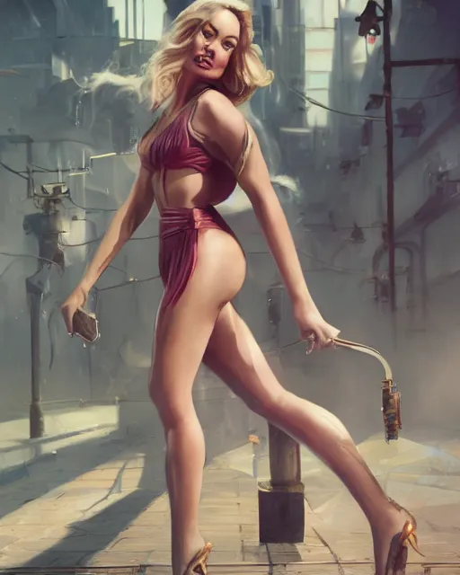 Image similar to full body shot of margot robbie by wlop, rossdraws, Alberto Vargas, mingchen shen, arney freytag, artstation, fantasy photoshoot, urban jungle, fashion pose, octane, 4k