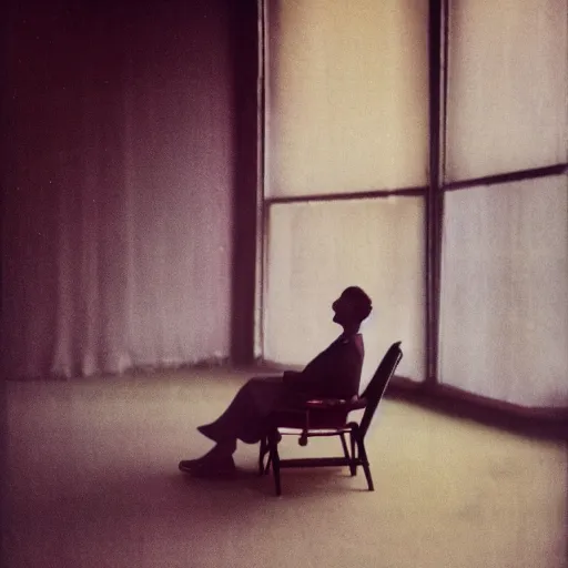 Prompt: realistic photo of a a blurred person sitting on the chair, side view, empty room, emitting aura 1 9 6 0, life magazine photo, natural colors, metropolitan museum, kodak, 8 k, very detailed, high resolution, product photo,