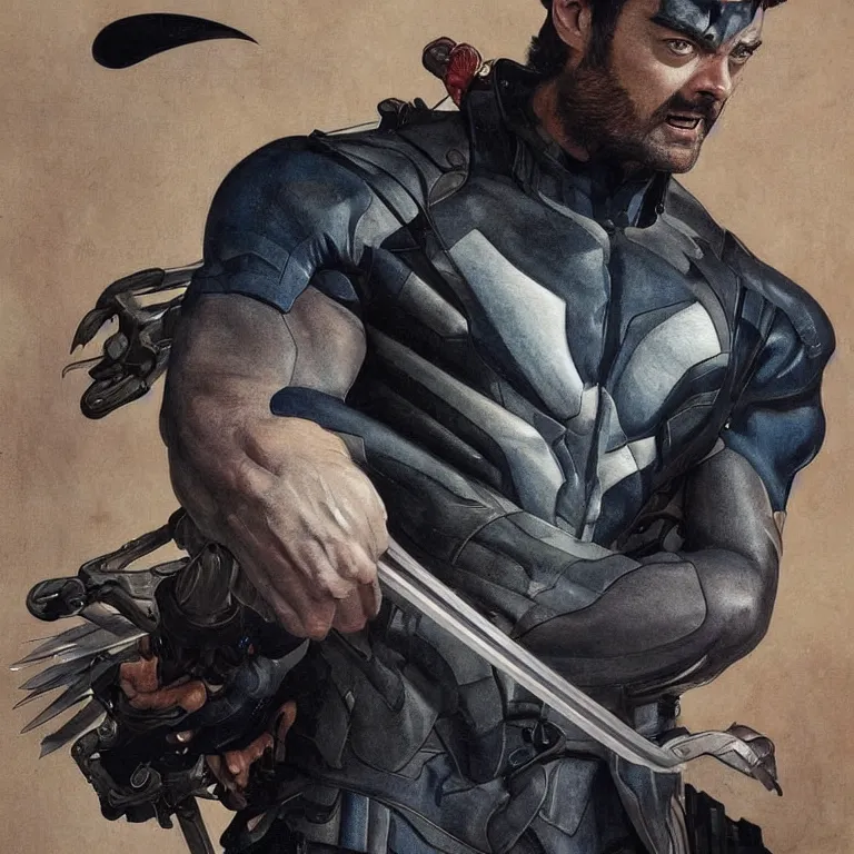 Image similar to Karl Urban as Wolverine, highly detailed, digital painting, artstation, concept art, smooth, sharp focus, illustration, ArtStation, art by artgerm and greg rutkowski and alphonse mucha and J. C. Leyendecker and Edmund Blair Leighton and Katsuhiro Otomo and Geof Darrow and Phil hale and Ashley wood and Ilya repin and Charlie Bowater