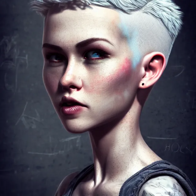 Image similar to full body pose, beautiful adult woman, short white hair shaved sides, dirty, grungy, grunge, long sleeve, painted overalls, stacks of giant books, highly detailed, 4 k, hdr, smooth, sharp focus, high resolution, award - winning photo, artgerm, photorealistic