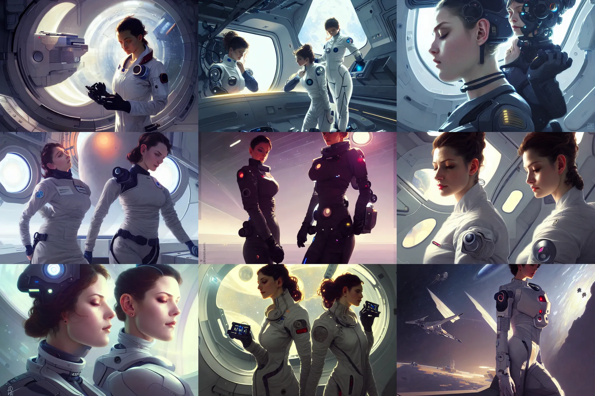 Prompt: Sensual beautiful female pale young doctors wearing Deus Ex Human Revolution clothing in a space station above Earth, portrait, elegant, intricate, digital painting, artstation, concept art, smooth, sharp focus, illustration, art by artgerm and greg rutkowski and alphonse mucha