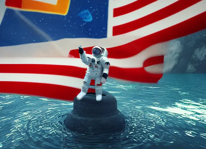 Prompt: astronaut underwater putting a flag on the bottom of the ocean. in the background, a submarine is visible. digital art, blender, photorealistic, octane render, 8 k, volumetric lighting, trending on artstation