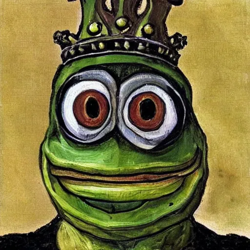 Image similar to pepe the frog as a king of england, painting by Lucien Freud,