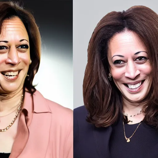 Prompt: press photo of young hip kamala harris, with a trendy hip tiktok hairstyle, trendy outfit plunge neck push up reveal, soft studio lighting