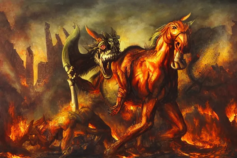 Prompt: immense, colossal demonic centaur. brutal. with bulging muscles and fiery eyes rampaging across the burning ruins of an ancient city, crushing people underfoot. oil painting