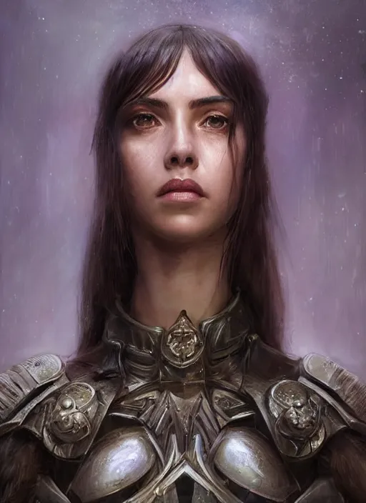 Image similar to a professional portrait of a beautiful young female, clothed in ethereal battle armor, olive skin, long dark hair, beautiful bone structure, symmetrical facial features, intricate, elegant, digital painting, concept art, smooth, sharp focus, finely detailed, illustration, from Valerian and the City of a Thousand Planets, in the style of Ruan Jia and Mandy Jurgens and Artgerm and Greg Rutkowski and William-Adolphe Bouguerea