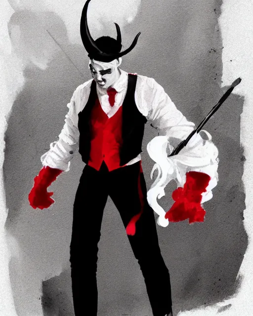 Image similar to Medium shot of Red Imp + White black striped horns + Formal outfit, in the style of greg rutkowski