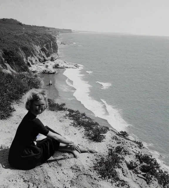 Image similar to a vintage photo of a girl sitting on a cliff overlooking the beach.