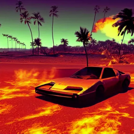 wide shot epic car on fire post apocalyptic landscape, Stable Diffusion