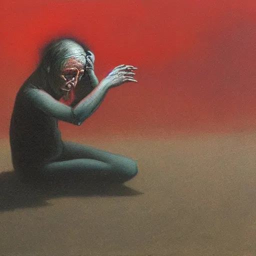 Image similar to Painting in a style of Beksinski featuring bibi netanyahu crying. Pain and suffering in the background