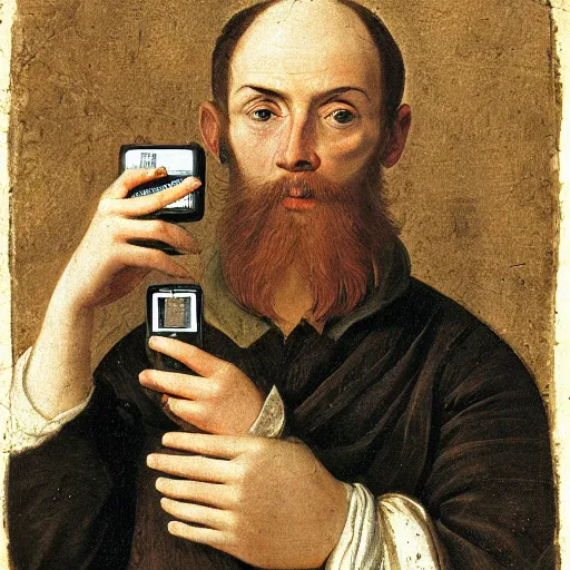 Prompt: a picture of a man holding a digital camara in the year 1 6 0 0, realism, highly detailed,