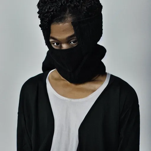 Image similar to realistic photoshooting for a new y - 3 lookbook, color film photography, portrait of a beautiful woman, model is wearing a balaclava mask, in style of tyler mitchell, 3 5 mm,