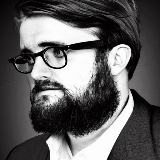 Prompt: monochrome tommy ingberg portrait of a bespectacled man who looks like nick lansbury high definition