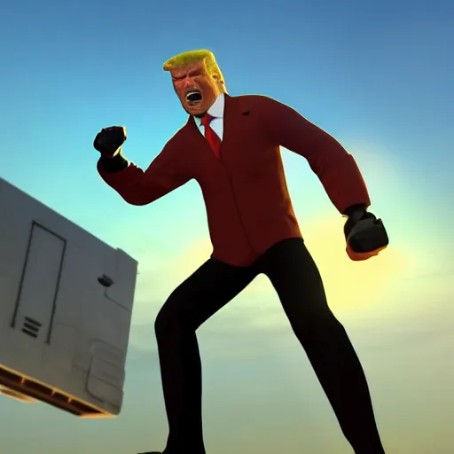 Prompt: gordon freeman fist - pumping donald trump during sunset, trending on artstation