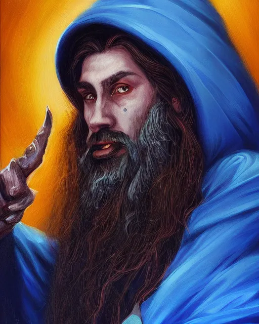 Image similar to Hyper realistic painting of a wizard in a blue robe, by Anato Finnstark, detailed, beautiful, trending on artstation