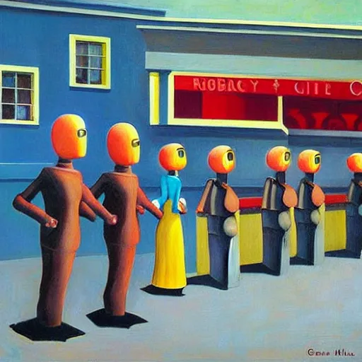 Image similar to robots queue up for ice cream,! grant wood!,! pj crook!, edward hopper, oil on canvas