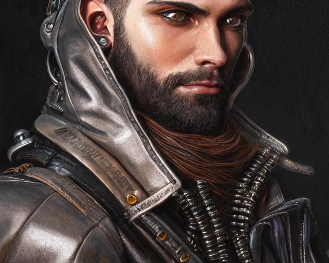 Image similar to highly detailed photorealistic man with a cyberpunk leather jacket, deep focus, d & d, fantasy, intricate, elegant, highly detailed, digital painting, artstation, concept art, matte, sharp focus, illustration, hearthstone, art by artgerm and greg rutkowski and alphonse mucha