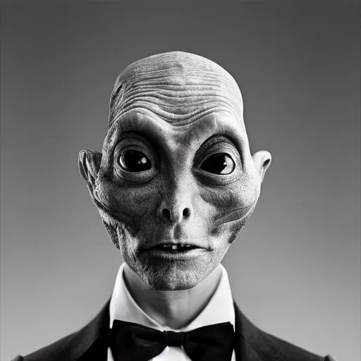 Prompt: “ portrait of a grey alien wearing a tuxedo, depth of field, zeiss lens, detailed, symmetrical, fashion photoshoot, by annie leibovitz and steve mccurry, david lazar, jimmy nelsson, breathtaking, award winning photo, 8 k resolution, extremely detailed, beautiful, establishing shot, artistic, hyperrealistic, beautiful face ”