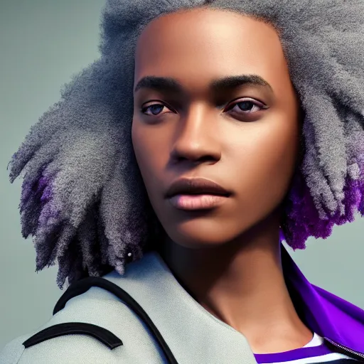 Image similar to black woman, hairstyle = short bob, hair colour = light grey, eyes = purple, wearing dark green bomber jacket, realistic 4 k octane beautifully detailed render, 4 k post - processing, highly detailed, intricate complexity, epic composition, magical atmosphere, cinematic lighting, masterpiece, ultra hd