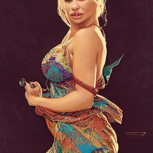 Image similar to lindsey pelas and emilia clarke wearing a batik tube top, digital painting, artstation, concept art, sharp focus, illustration, art by artgerm and greg rutkowski and alphonse mucha