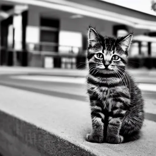 Prompt: cat waiting for the bus, photo, train station, pic of a kitten