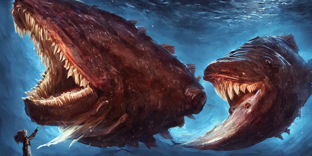 Prompt: giant colossal anglerfish from the depths, concept art, digital illustration, trending on artstation, deviantart, artgerm, epic composition, masterpiece, highly detailed, advanced technique, ambient lighting, wlop, ross draws