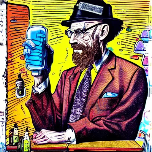 Image similar to The Artwork of R. Crumb and his Cheap Suit Breaking-Bad-Walter-White meth-lab, wearing a bio-hazard suit pencil and colored marker artwork, trailer-trash lifestyle