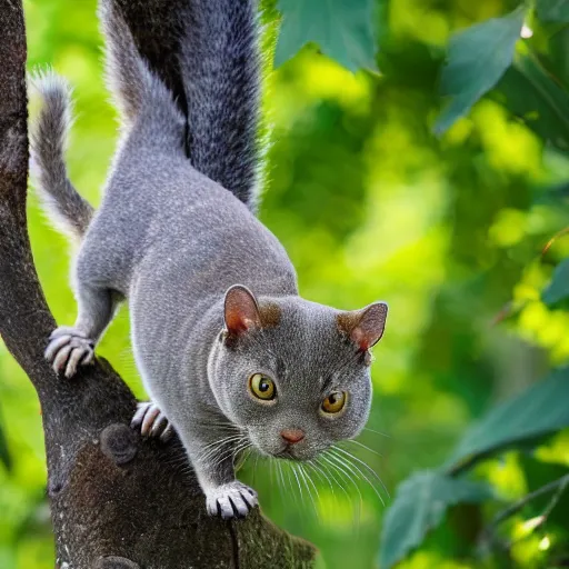 Prompt: A British Shorthair cat chasing a squirrel in a tree, realistic, close up, 8k, ultra high detail.