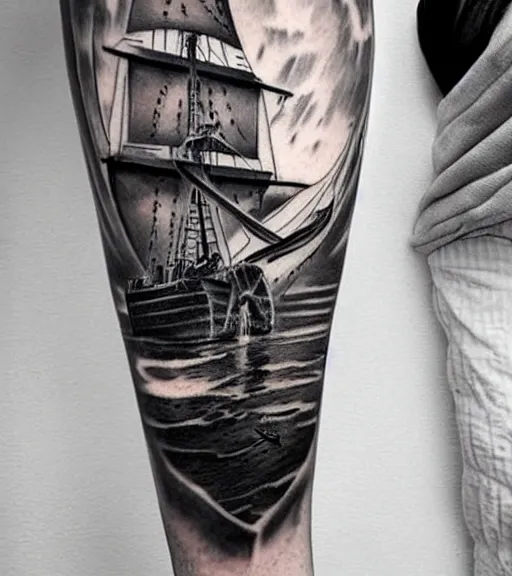 Image similar to A realistic tattoo design of a pirate ship, white background, black and white, highly detailed tattoo, realistic tattoo, realism tattoo, beautiful shades