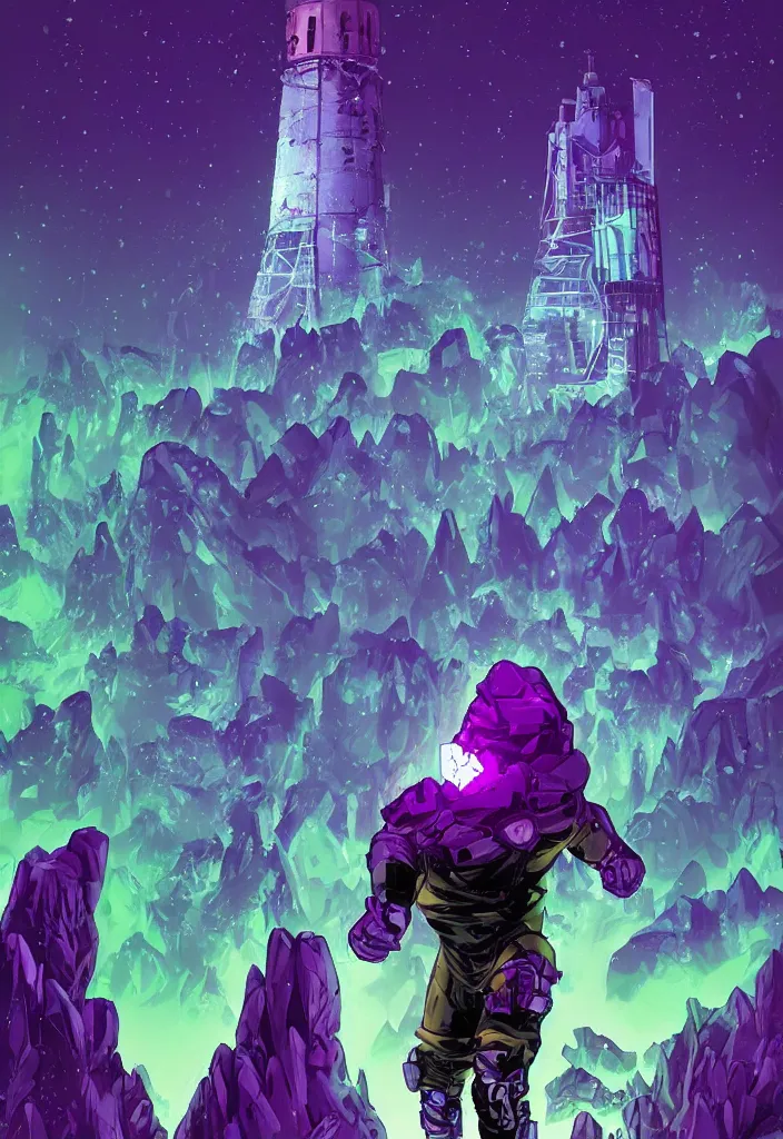 Prompt: A digital painting comic book cover of an android with glowing gloves and boots with back to the camera in a forest, looking up at a tower of crystals and geodes glowing in the fog, skeletons lay on the ground beside him, forced perspective,cinematic, stylized, purple and green