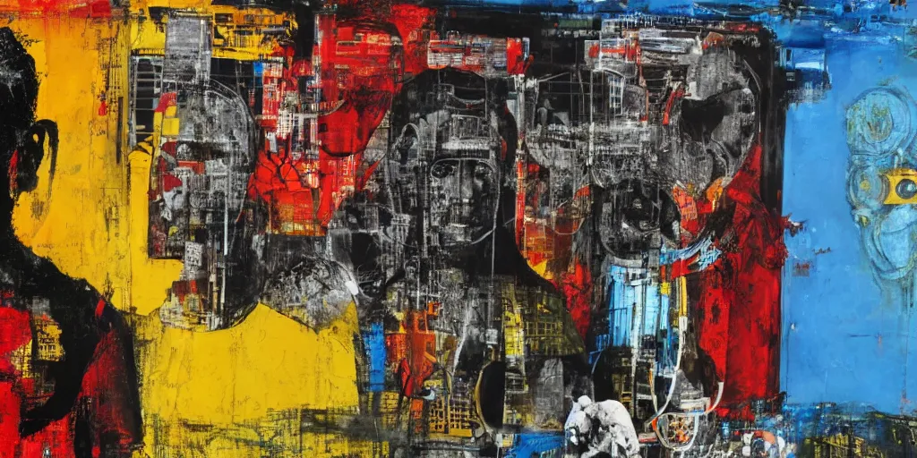 Image similar to robot in Ajegunle slum of Lagos conversing with African Jesus Christ about beauty under a large UFO beaming a neon ray, painting by Robert Rauschenberg, in the style of Estate (1963), oil and silk screen on canvas,