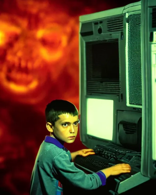 Image similar to 8k professional photo of an 8 years old enlightened and scared boy standing in front of an old computer from 90s with a game doom2 at the monitor screen, still from a movie by Gaspar Noe and James Cameron