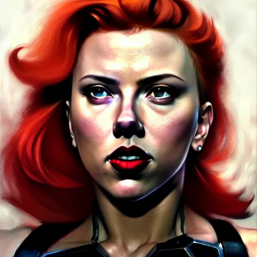 Prompt: greg manchess portrait of scarlett johansson as thick very muscular gothic weightlifter zarya from overwatch with short red hair and black lipstick, fantasy medium shot, asymmetrical, profile picture, organic painting, sunny day, matte painting, bold shapes, hard edges, street art, trending on artstation, by huang guangjian and gil elvgren and sachin teng