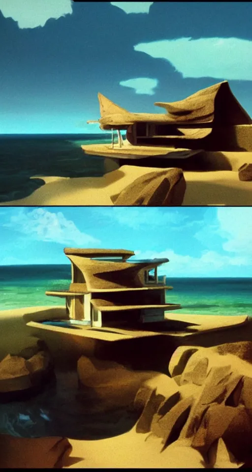 Image similar to seashell house where a hermit girl lives, atmospheric cinematography by syd mead and emmanuel lubezki