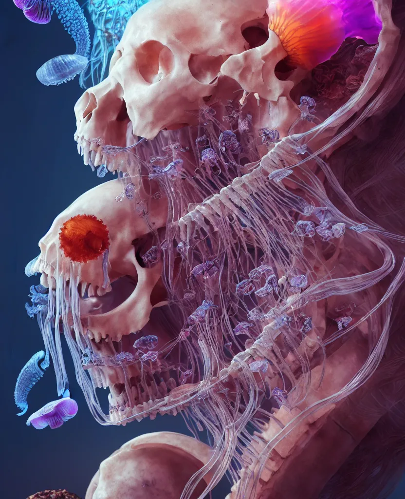 Image similar to goddess close - up portrait human skeleton, ram skull, jellyfish, orchid, betta fish, bioluminiscent, intricate artwork by tooth wu and wlop and beeple. octane render, trending on artstation, greg rutkowski very coherent symmetrical artwork. cinematic, hyper realism, high detail, octane render, 8 k