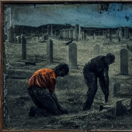 Prompt: one man in a cemetery digging up a dead body, by nicola samori, painting, 8 k, high detail, medium blue, orange, and dark green tones, high quality, sad feeling, high detail, dark colors, sinister atmosphere, dramatic lighting, cinematic, establishing shot, extremely high detail, photo realistic, cinematic lighting, album cover